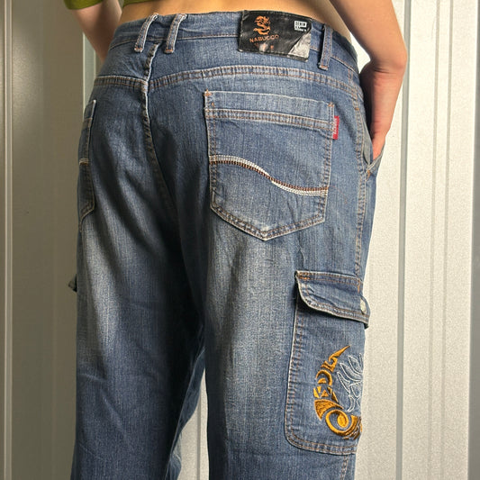Embroidered Blue Cargo Japanese Denim Hip Hop Y2K Baggy Jeans - 34S