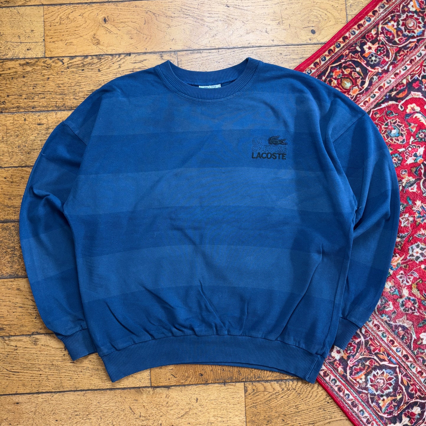 Vintage Chemise Lacoste Embroidered Blue Stripe Knit Jumper - 2XL
