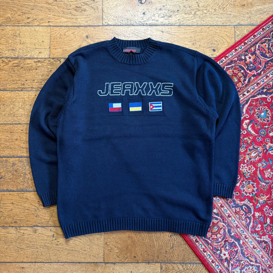 Vintage Navy Embroidered Flag Chunky Knit Jumper - L