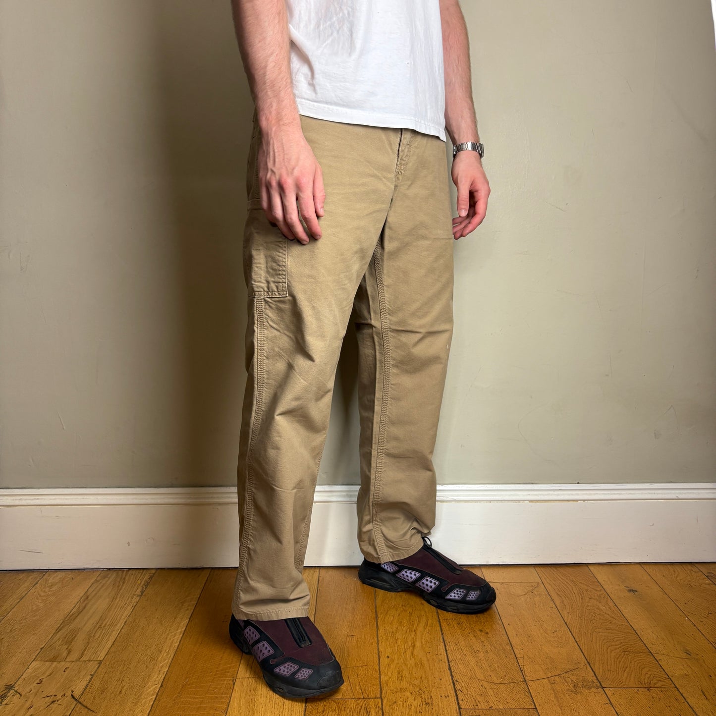 Vintage Carhartt Brown Cream Workwear Carpenter Baggy Trousers - 32R