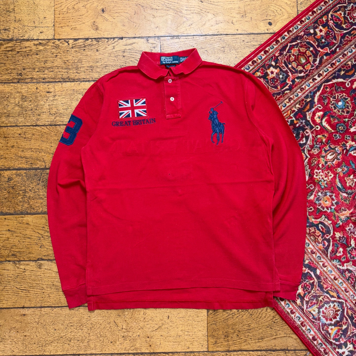 Vintage Ralph Lauren Red Great Britain Embroidered Polo Rugby Shirt - M