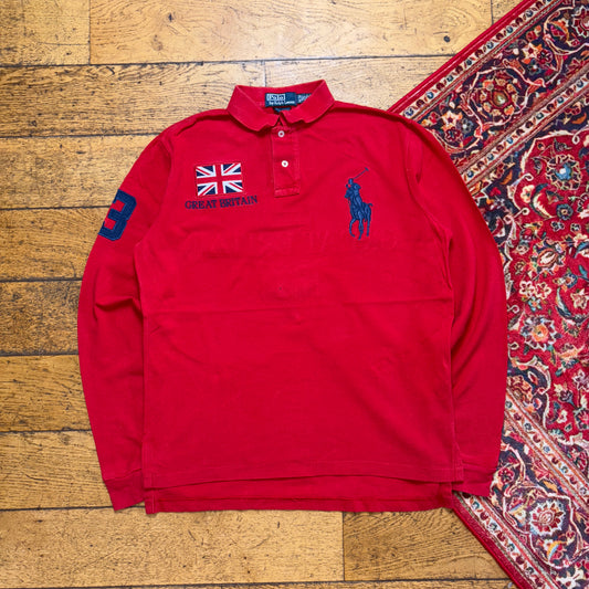 Vintage Ralph Lauren Red Great Britain Embroidered Polo Rugby Shirt - M
