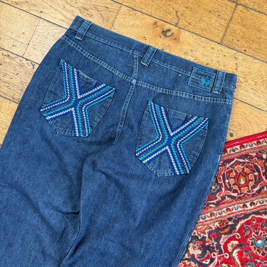 Vintage Blue Embroidered Y2K Hip Hop Baggy Jeans - 38