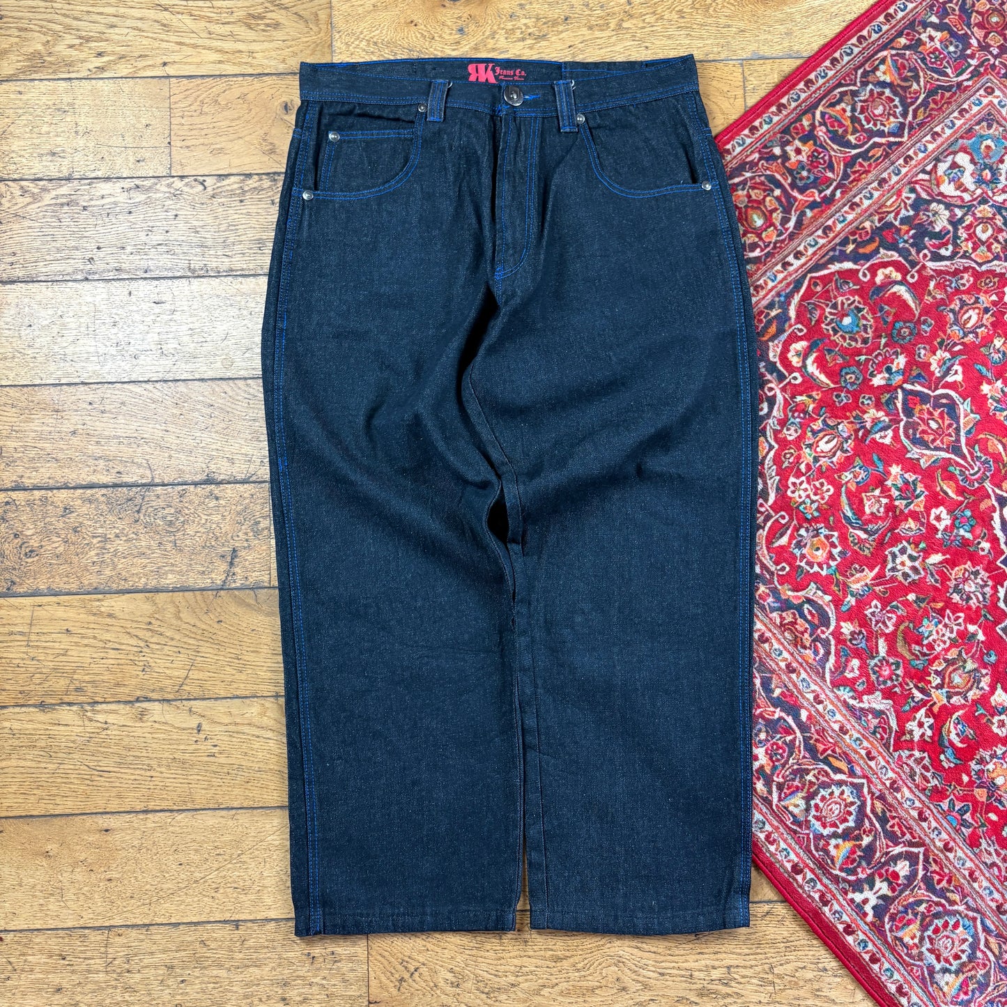 Vintage Black Contrast Stitch Embroidered Y2K Hip Hop Baggy Jeans - 38