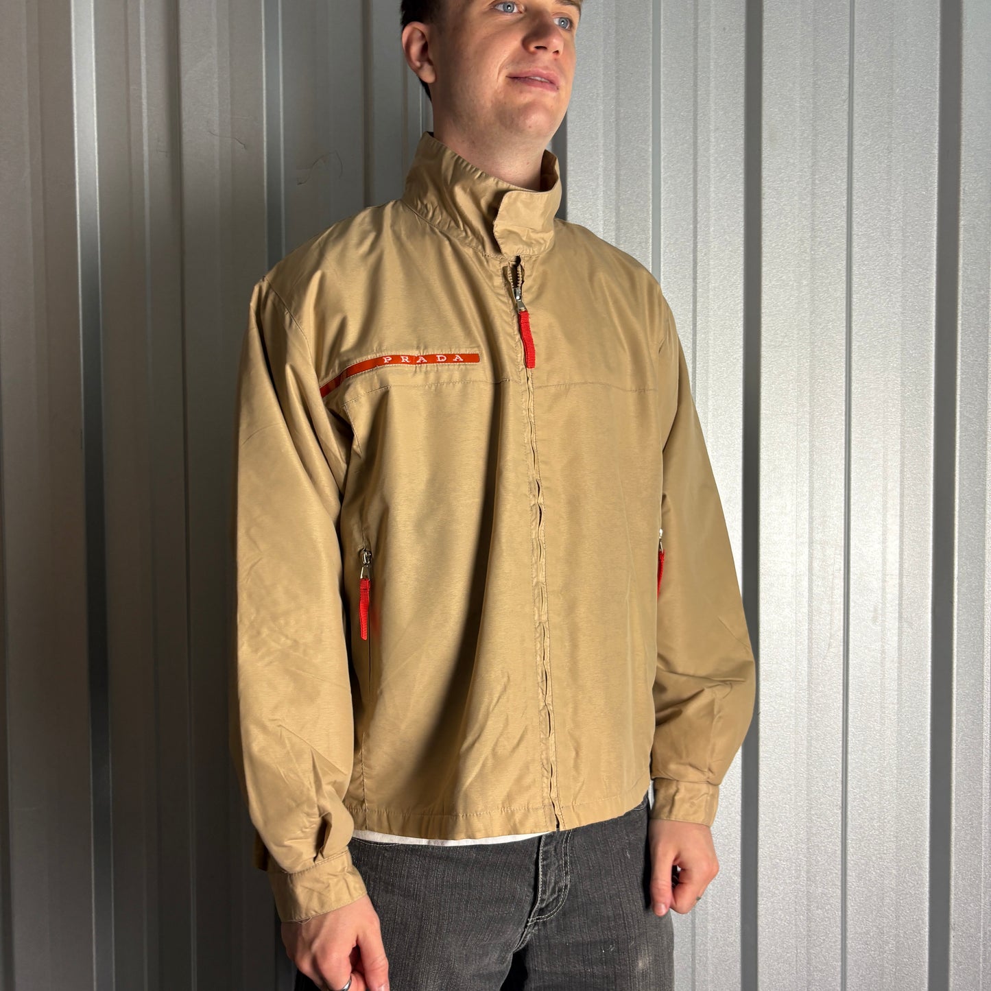 Vintage Prada Brown Cream 00s Funnel Neck Harrington Jacket - XL