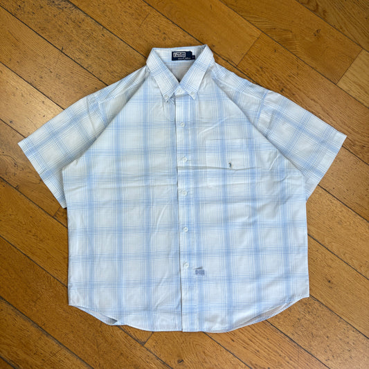 Vintage Ralph Lauren White Blue Check Short Sleeve Embroidered Shirt - XL