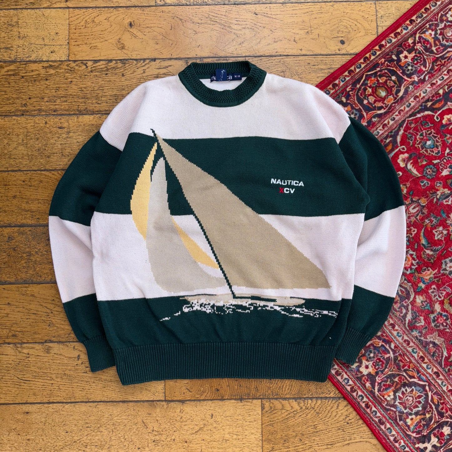 Vintage Nautica Green Pink Stripe Sailing Embroidered Knit Jumper - L