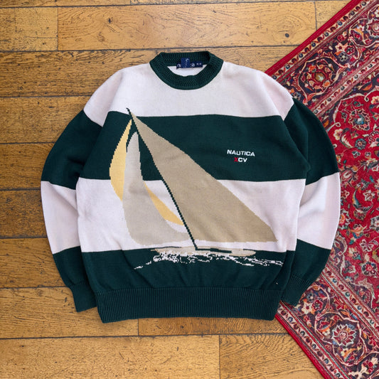 Vintage Nautica Green Pink Stripe Sailing Embroidered Knit Jumper - L
