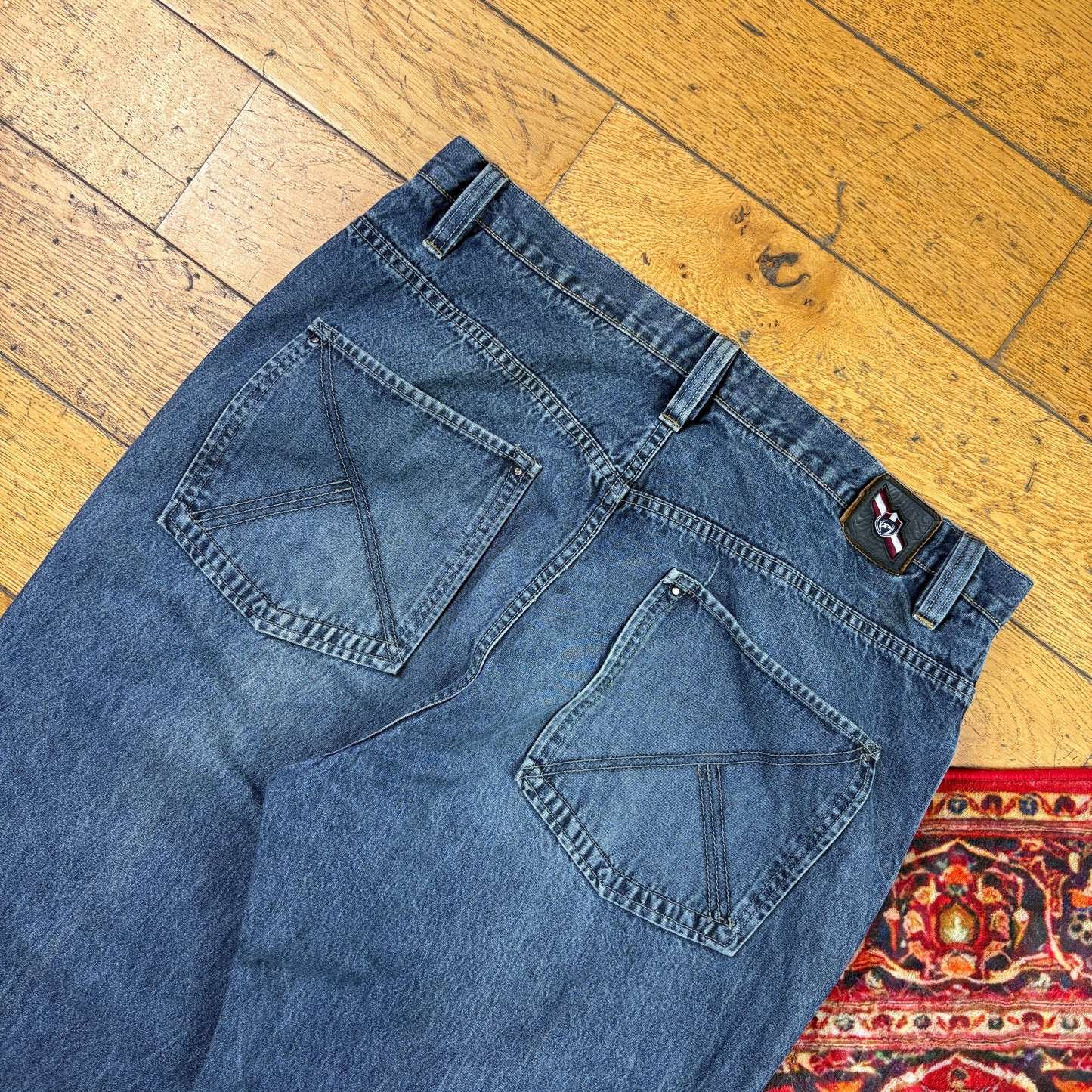 Vintage Phat Farm Blue Patchwork Embroidered Y2K Hip Hop Baggy Jeans - 38