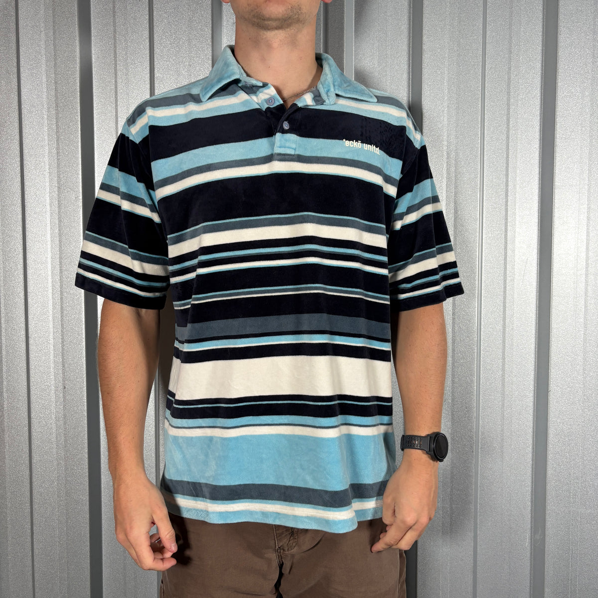 Ecko Unltd Blue Stripe Hip Hop y2K Polo T Shirt - L