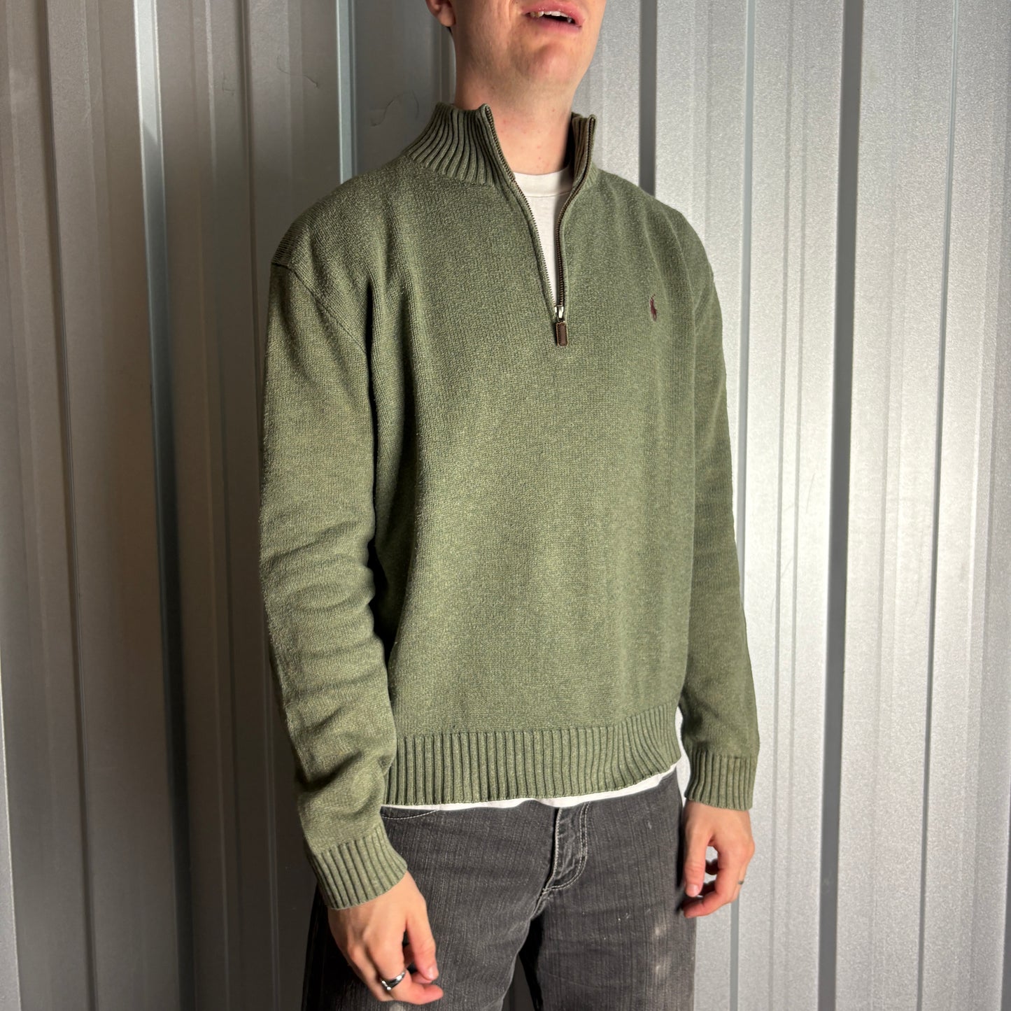 Vintage Ralph Lauren Green Quarter Zip Chunky Knit Jumper - L