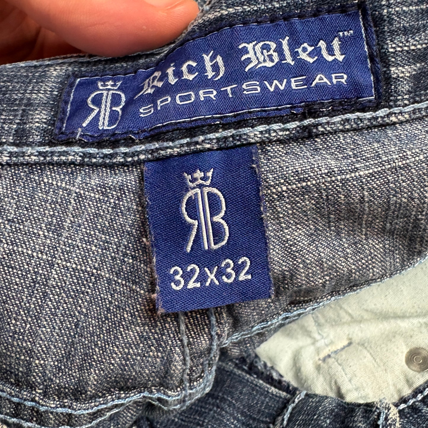 Vintage Blue Embroidered Y2K Hip Hop Baggy Jeans - 32