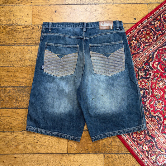 Vintage Focus70 Embroidered Hip Hop Blue Baggy Shorts Jorts - 38
