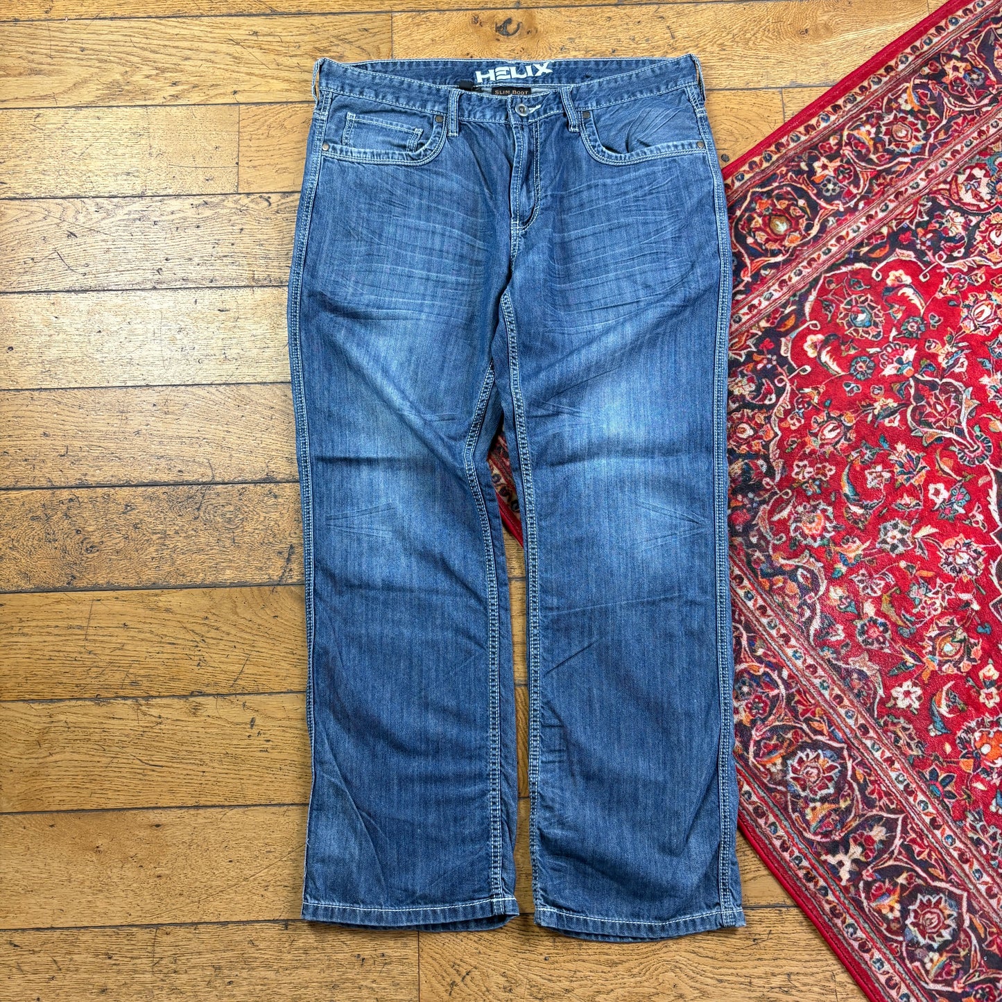 Vintage Helix Blue Embroidered Y2K Hip Hop Bootcut Jeans - 38