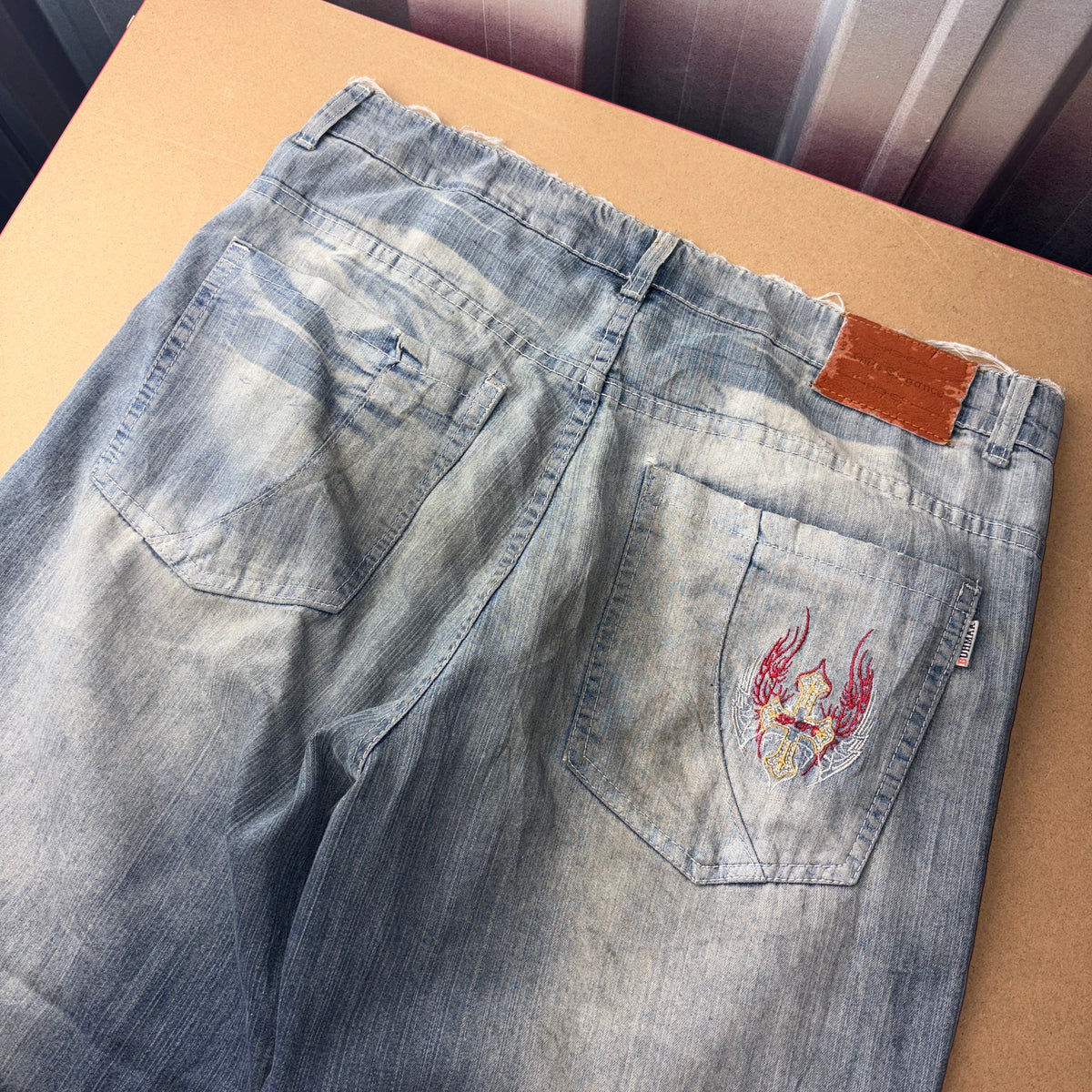 Embroidered Blue Crucifix Japanese Denim Hip Hop Y2K Baggy Jeans - 34S