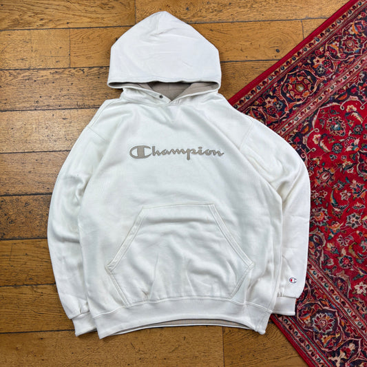 Vintage Champion Cream White Embroidered Hoodie Sweatshirt - M