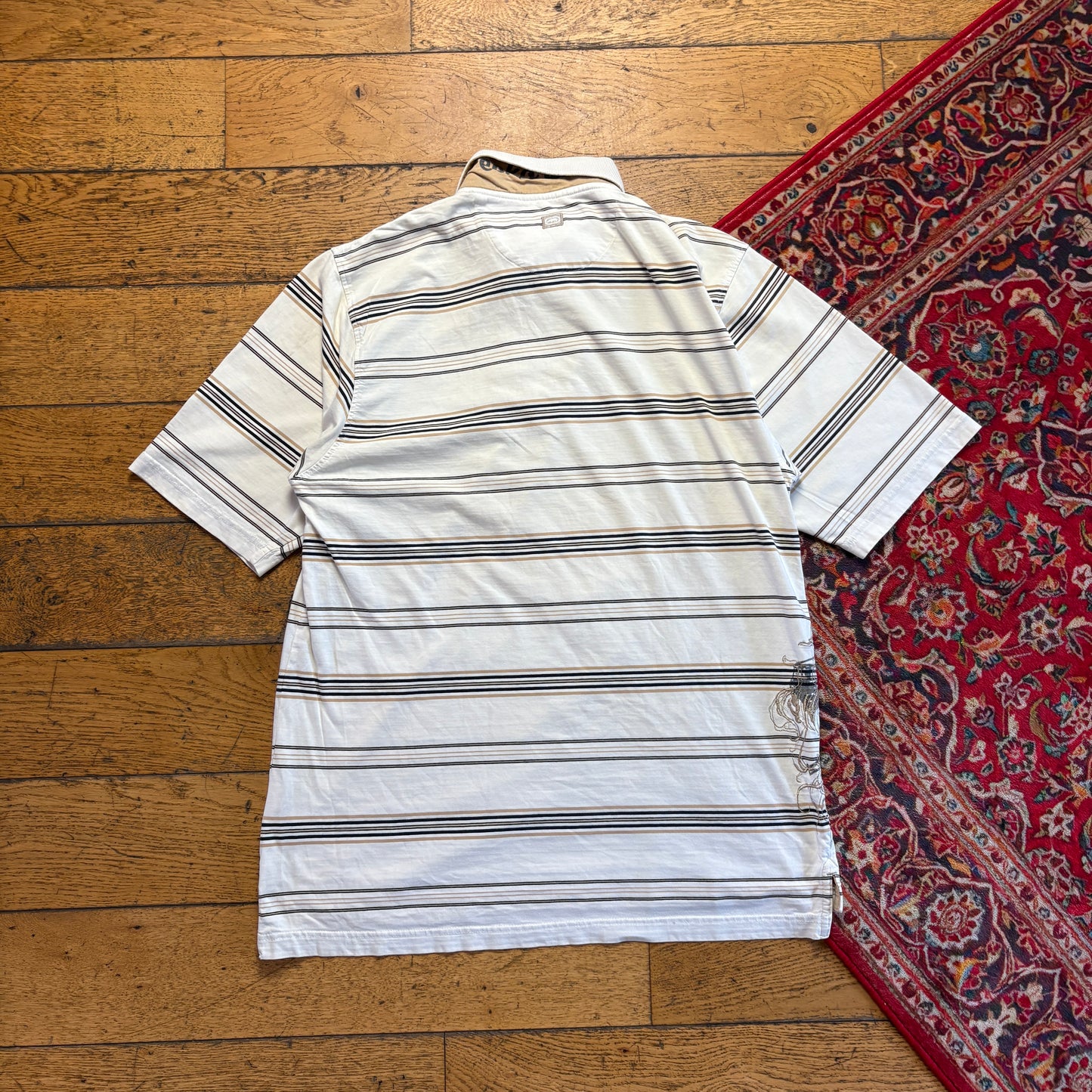 Vintage Ecko Unltd Embroidered Cream Stripe Hip Hop Polo Shirt - S