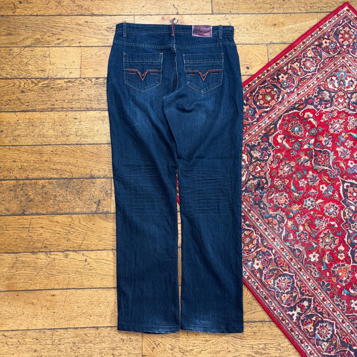 Vintage Navy Blue Embroidered Y2K Hip Hop Straight Jeans - 34L