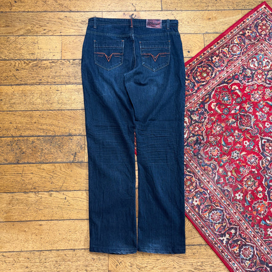 Vintage Navy Blue Embroidered Y2K Hip Hop Straight Jeans - 34L