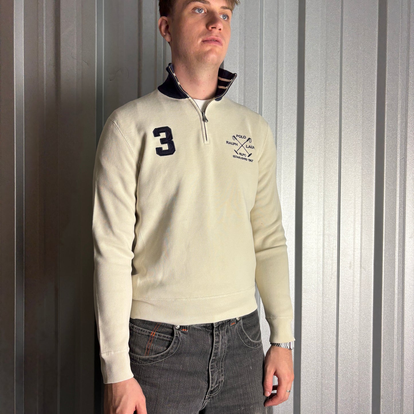 Vintage Ralph Lauren Cream Embroidered Quarter Zip Sweatshirt - S