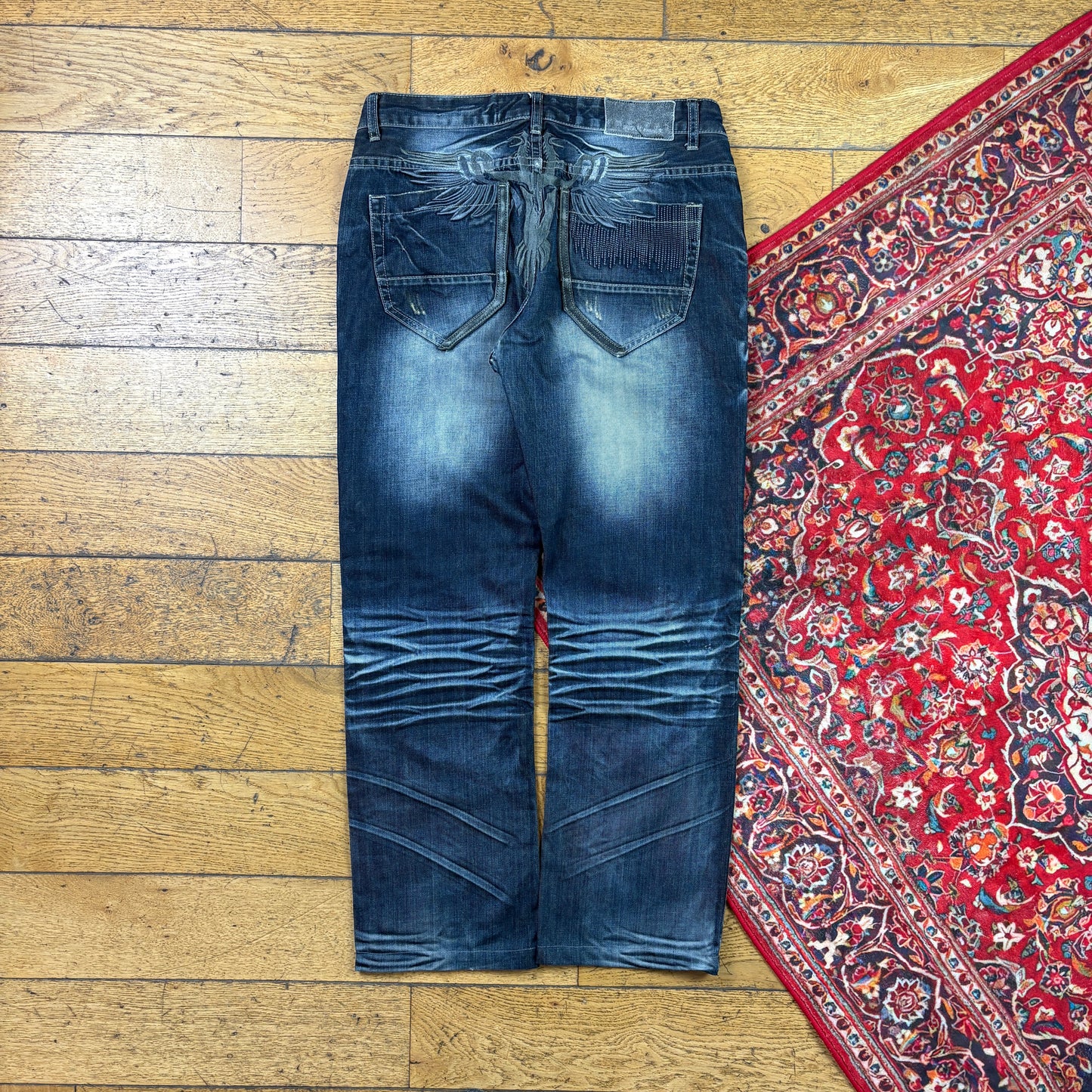 Vintage Blue Embroidered Y2K Hip Hop Baggy Jeans - 34