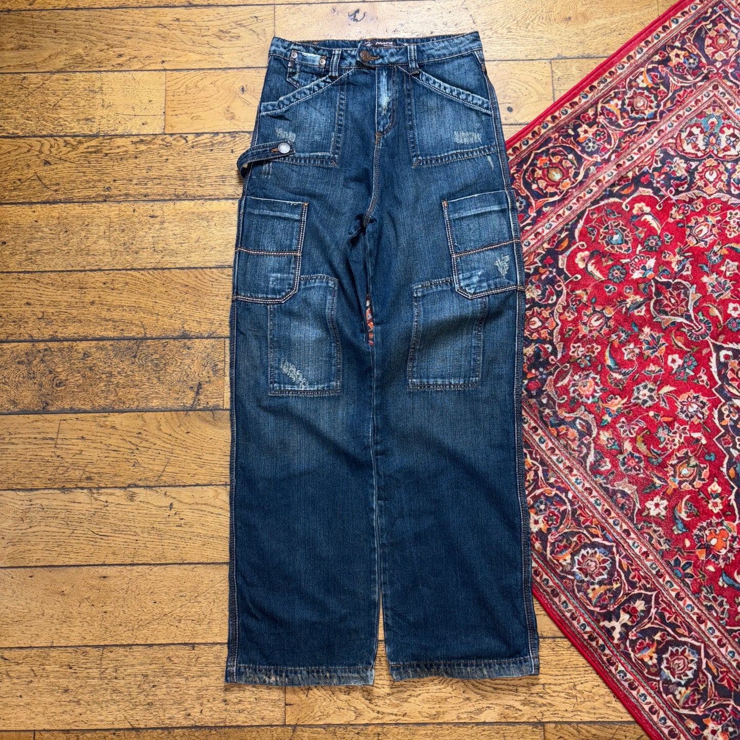 Vintage Dark Blue Cargo Embroidered Y2K Hip Hop Baggy Jeans - 30R