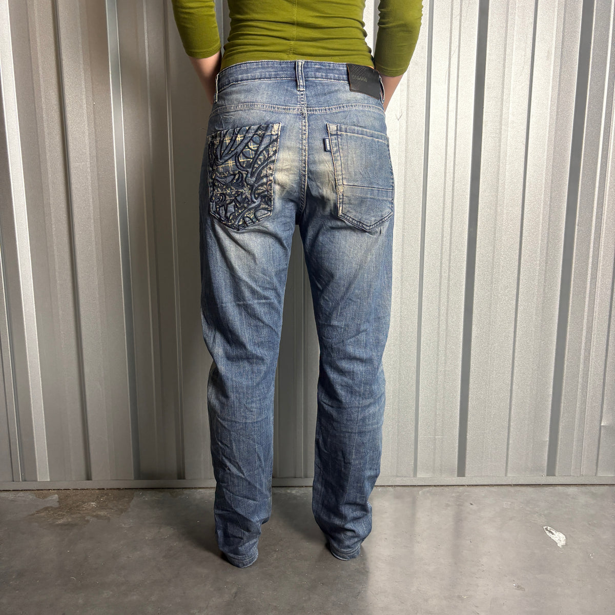 Embroidered Oniarai Blue Grunge Japanese Denim Hip Hop Y2K Baggy Jeans - 34S
