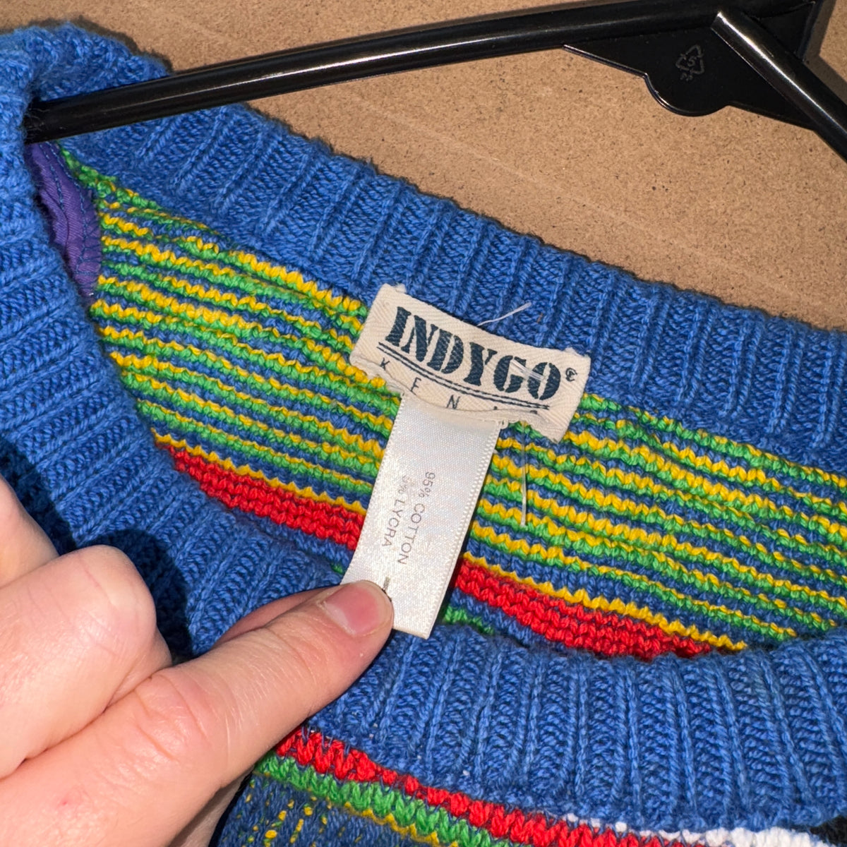 Coogi Style Blue Multi Coloured Knit Pattern Jumper - L