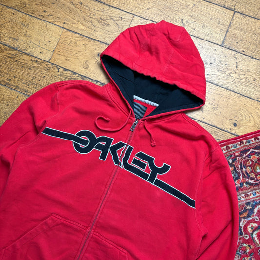 Vintage Oakley Red Embroidered Spellout Zip Hoodie Sweatshirt - XL
