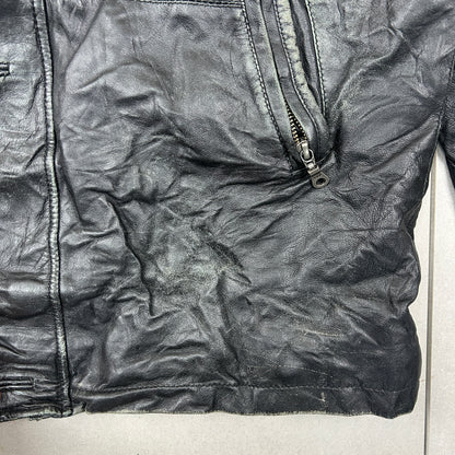 Vintage Trench Style Black Genuine Leather Bomber Jacket - M