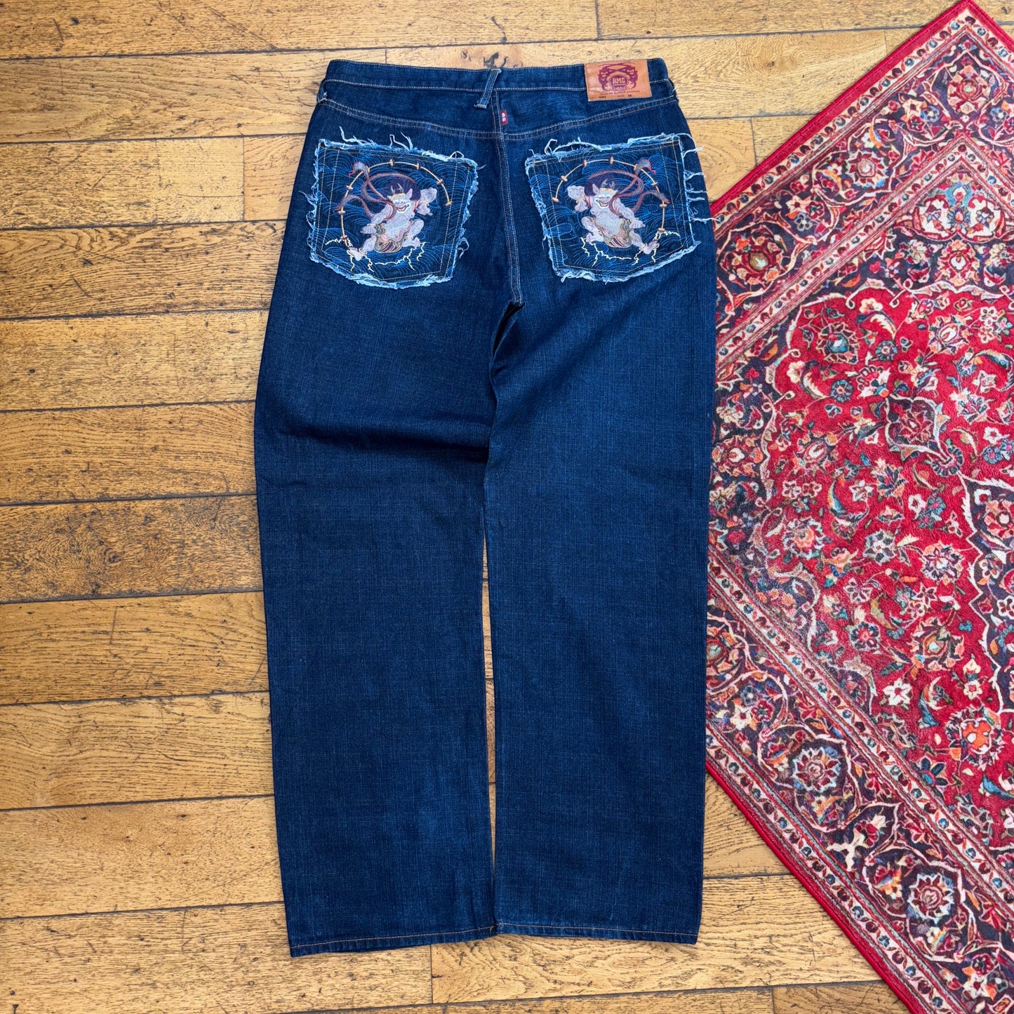 Vintage RMC Japanese Navy Blue Embroidered Y2K Hip Hop Baggy Jeans - 38L