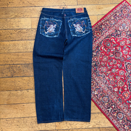 Vintage RMC Japanese Navy Blue Embroidered Y2K Hip Hop Baggy Jeans - 38L