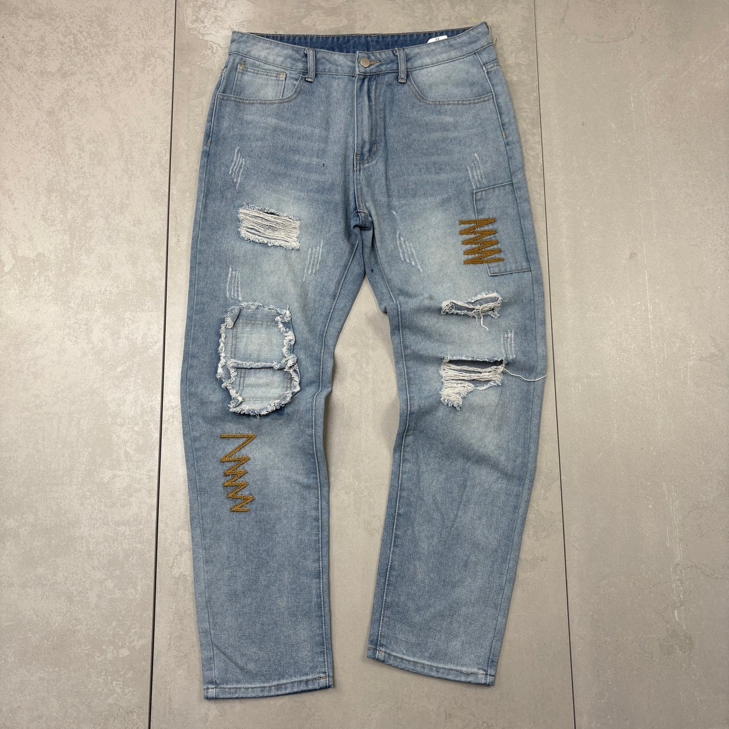Vintage Embroidered Hip Hop Straight Blue Jeans - 34