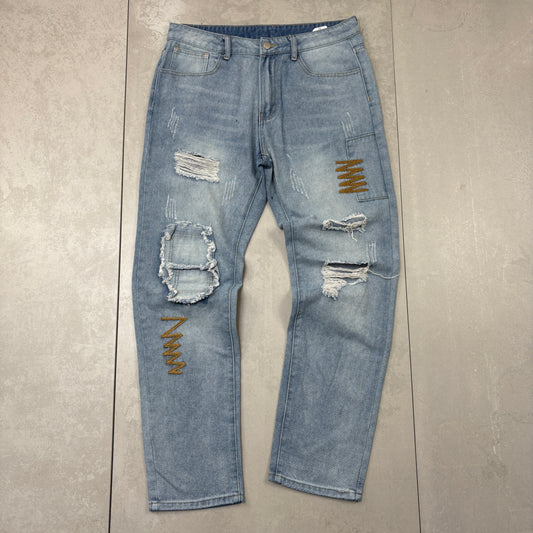 Vintage Embroidered Hip Hop Straight Blue Jeans - 34