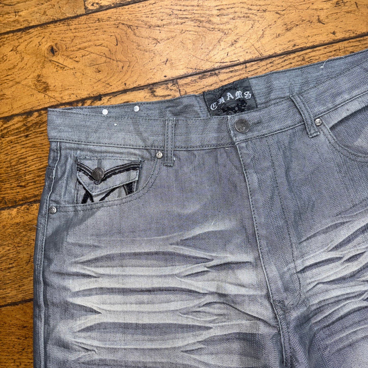 Vintage Chams Grey Embroidered Y2K Hip Hop Baggy Jeans Shorts Jorts - 40