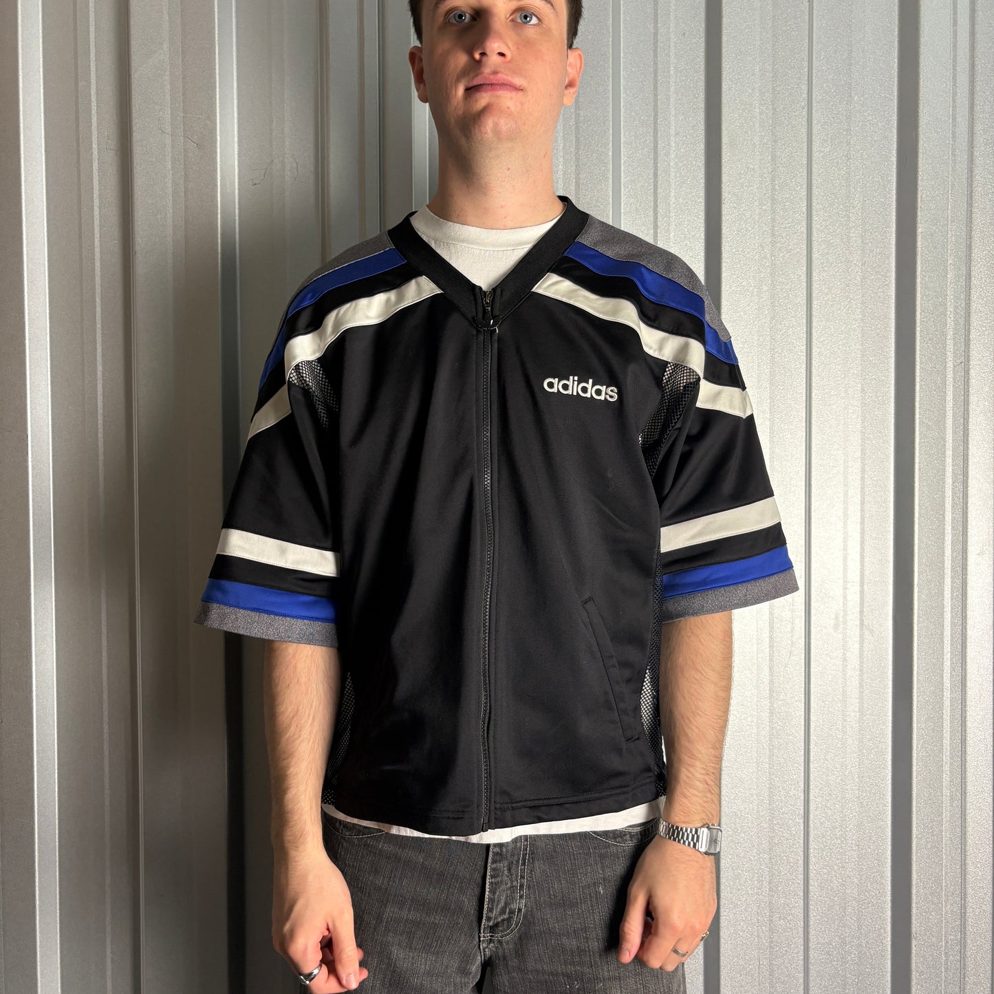 Vintage 90s Adidas Black Zip Embroidered Boxy T-Shirt - M