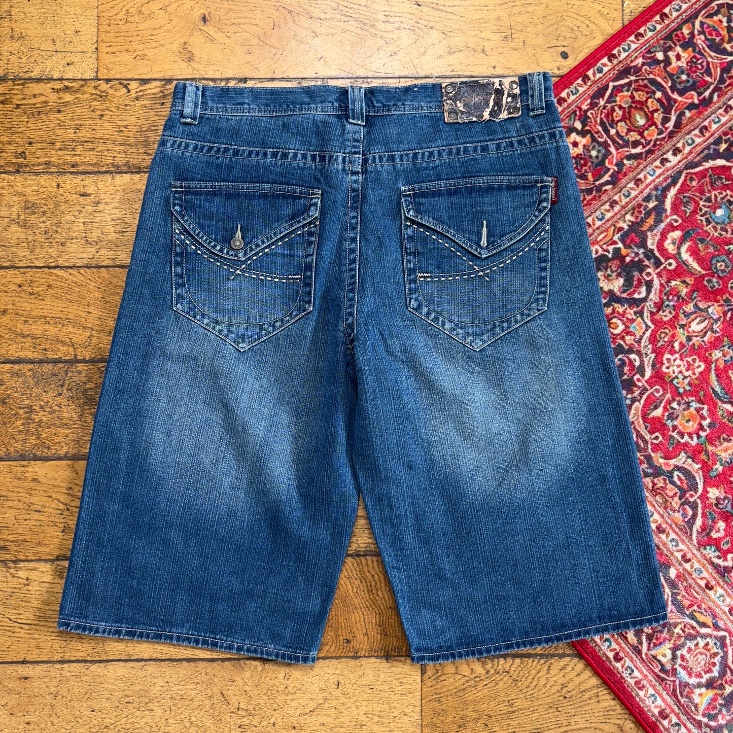 Vintage Pelle Pelle Blue Embroidered Y2K Hip Hop Baggy Jeans Shorts Jorts - 40