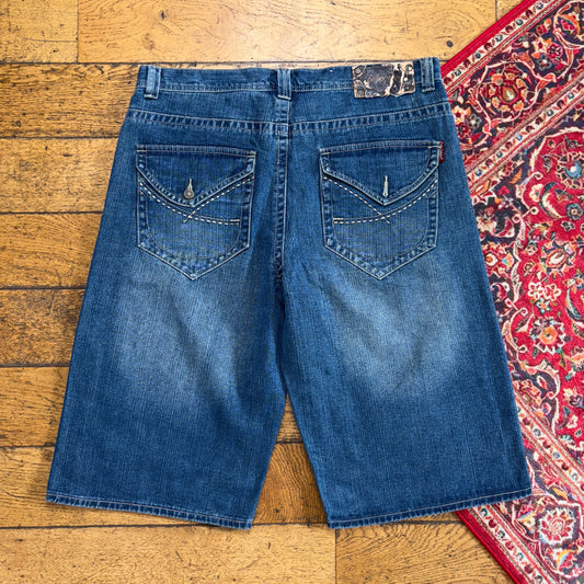 Vintage Pelle Pelle Blue Embroidered Y2K Hip Hop Baggy Jeans Shorts Jorts - 40