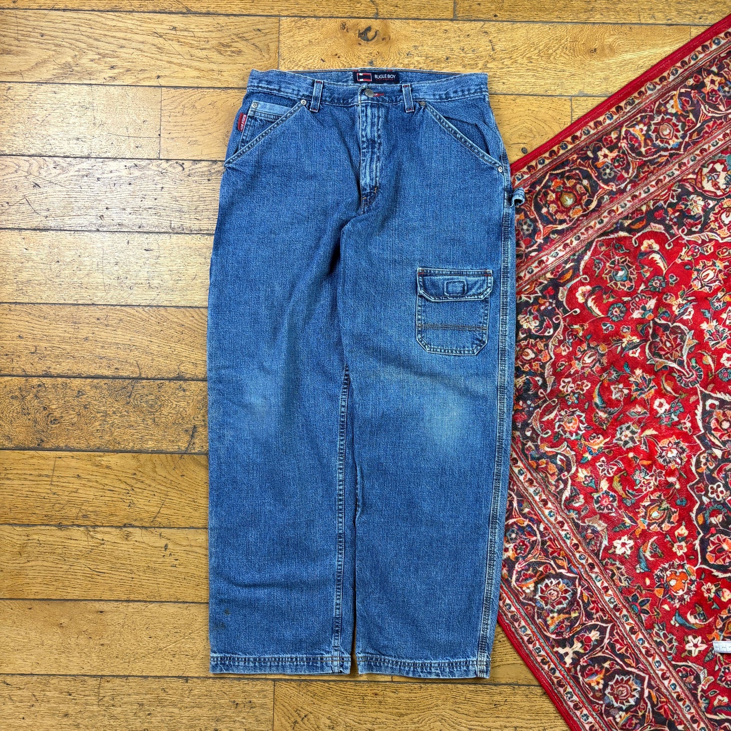 Vintage Bugle Boy Blue Cargo Embroidered Y2K Hip Hop Baggy Jeans - 34