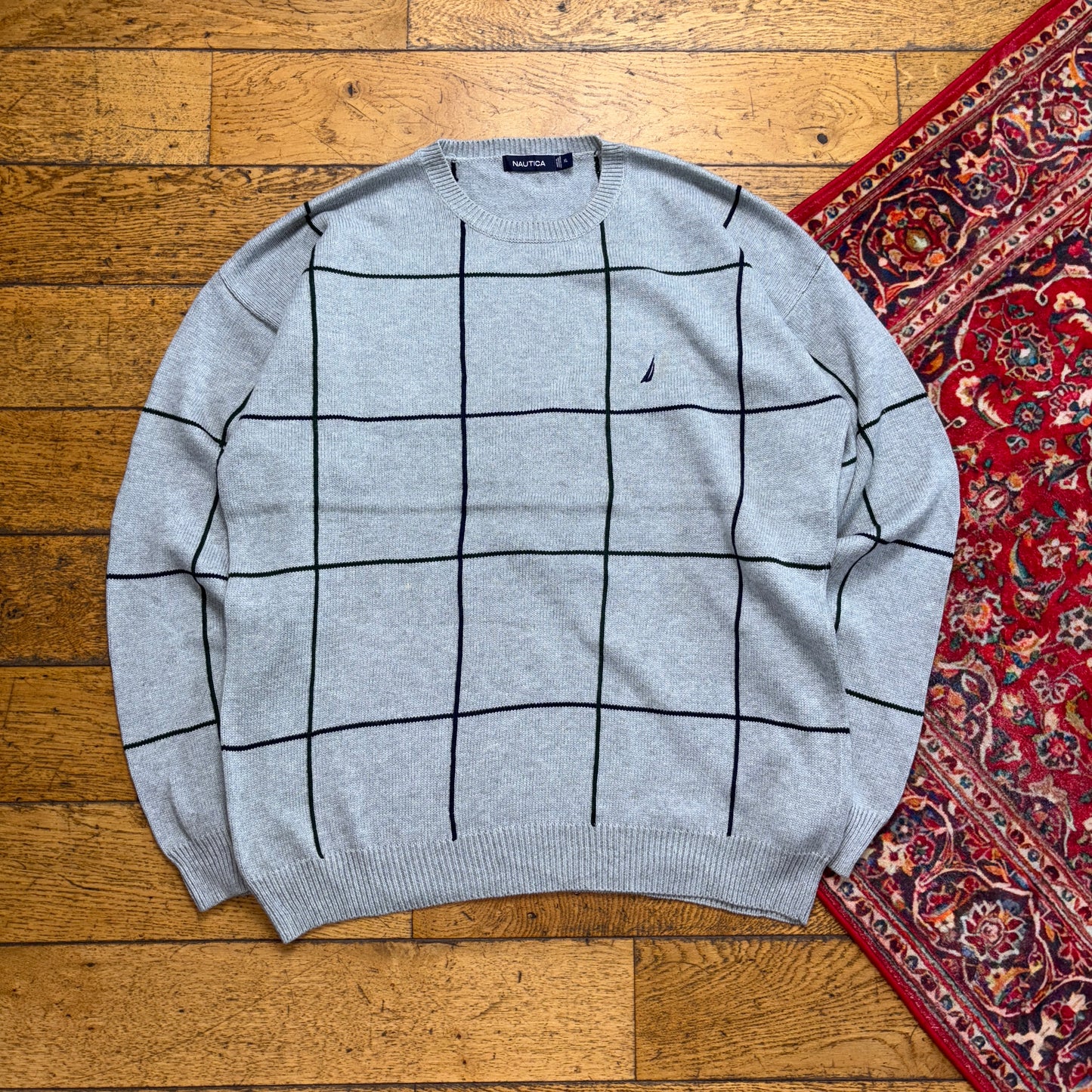 Vintage Nautica Grey Check Embroidered Knit Jumper - XL