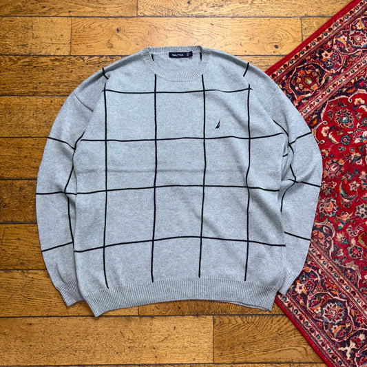 Vintage Nautica Grey Check Embroidered Knit Jumper - XL
