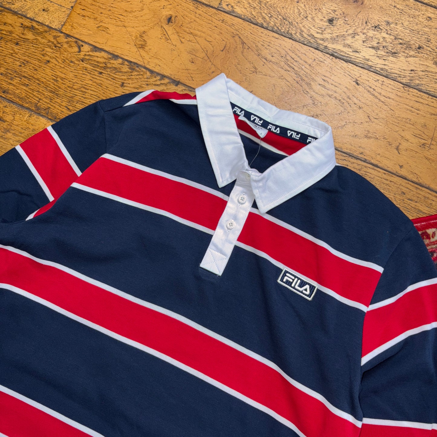 Vintage Fila Navy Red Stripe Rugby Polo Shirt - M