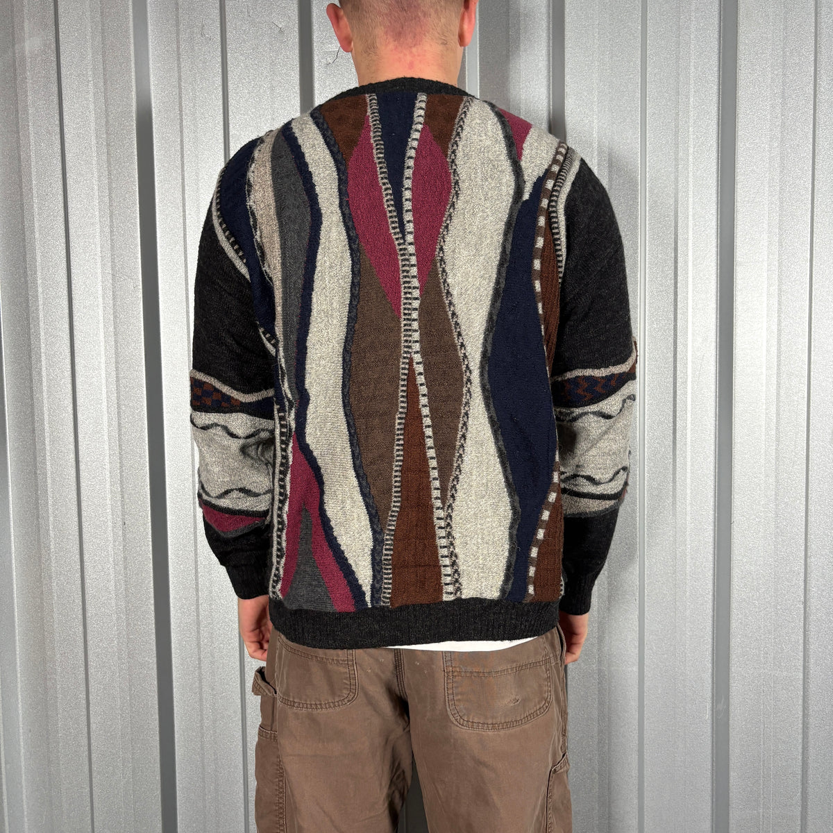 Coogi Style Funky Knit Merino Wool Black Pattern Jumper - M