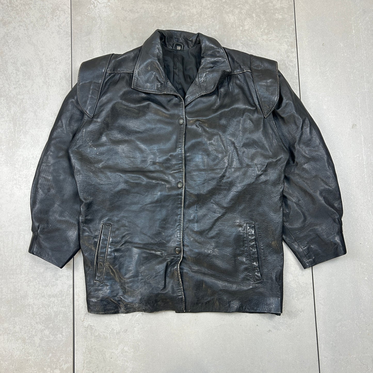 Vintage Black Leather Trench Jacket - Size 8