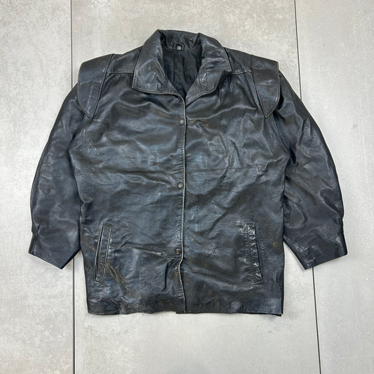 Vintage Black Leather Trench Jacket - Size 8