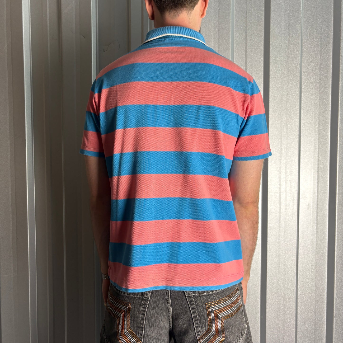 Vintage Lacoste Blue Pink Stripe 00s Polo Shirt - S