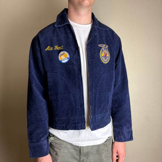 Vintage FFA Blue Embroidered Corduroy Cropped Boxy Workwear Jacket - M
