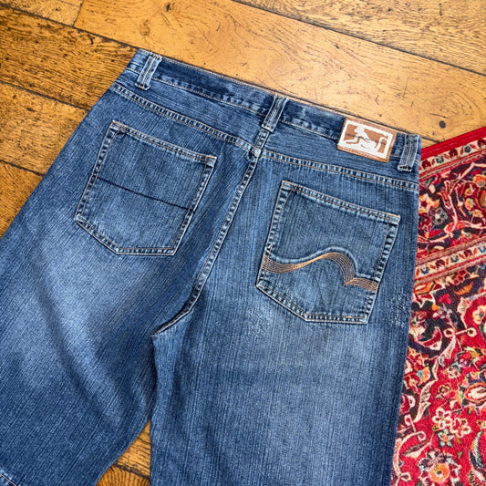 Vintage DrunknMunky Blue Embroidered Y2K Hip Hop Baggy Jeans Shorts Jorts - 38