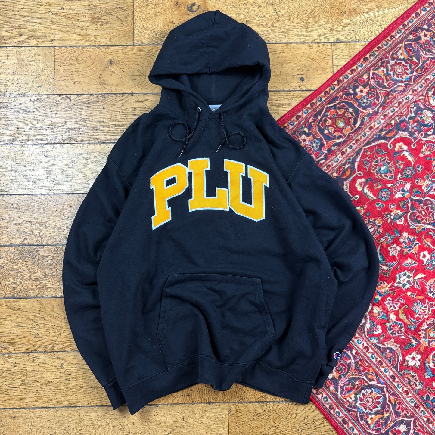 Vintage Champion Black USA College Embroidered Hoodie Sweatshirt - XL