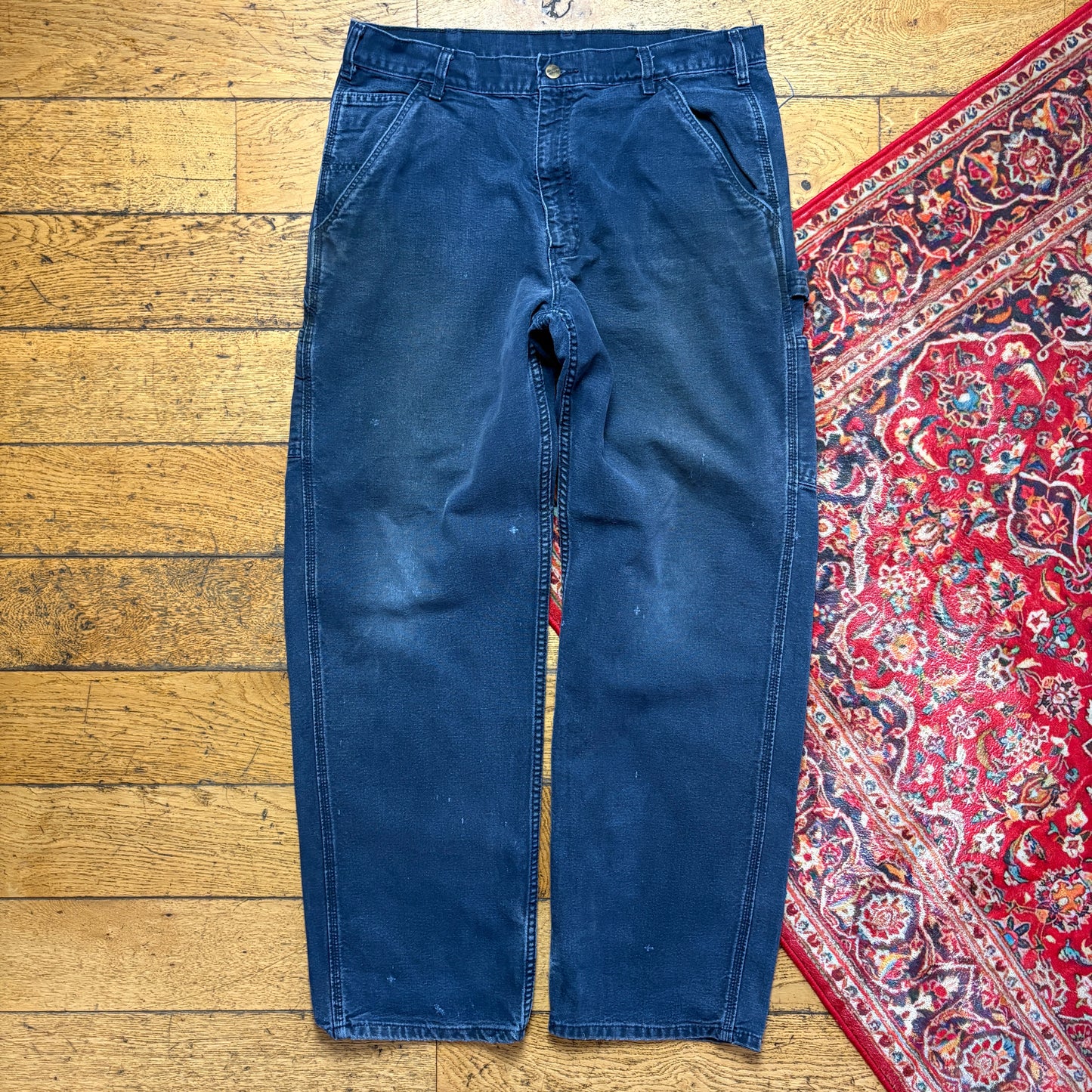 Vintage Carhartt Workwear Faded Black Navy Carpenter Baggy Trousers - 36L